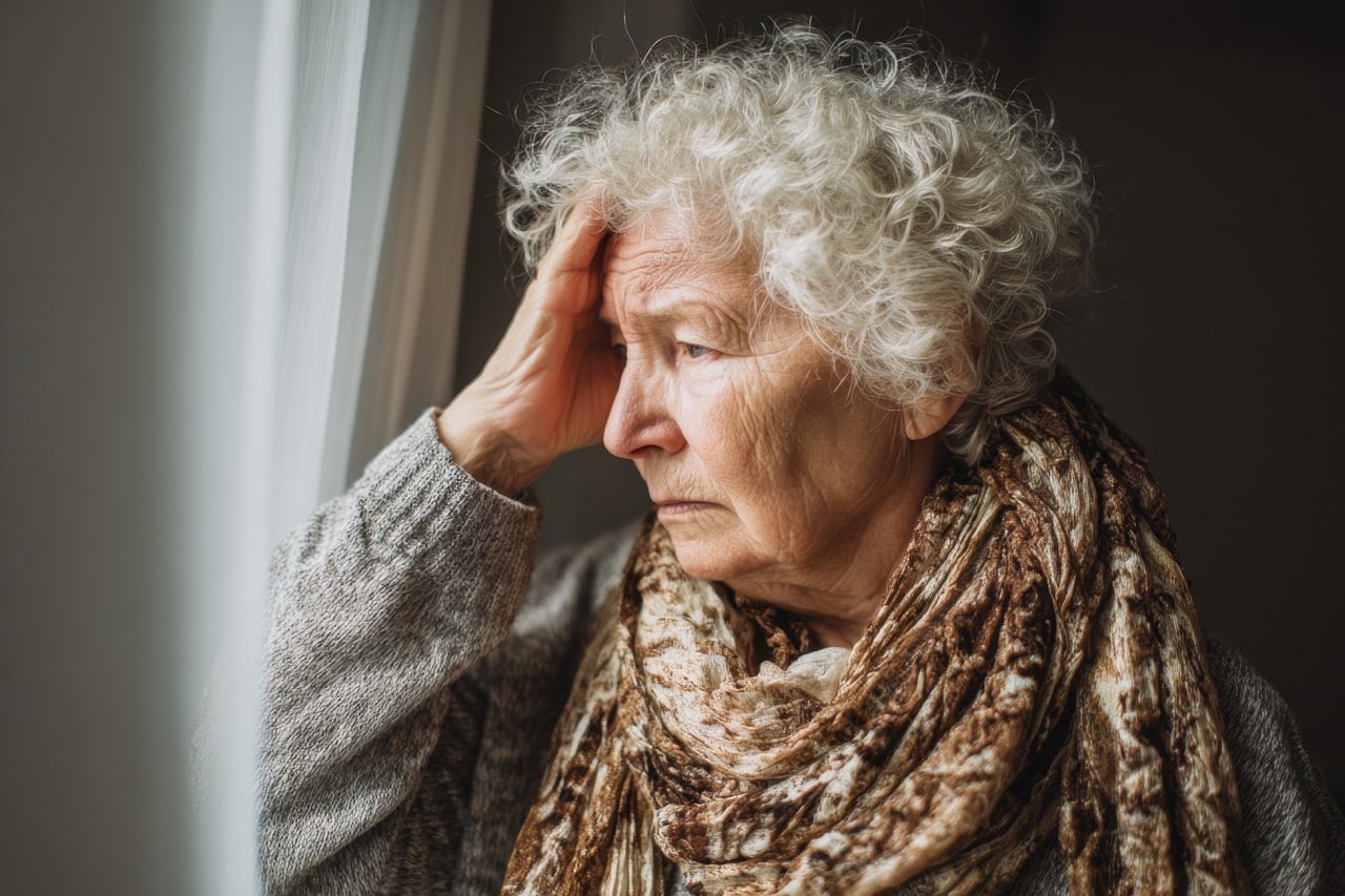 Distressed elderly woman in a retirement home suffering from loss illness or cognitive issues